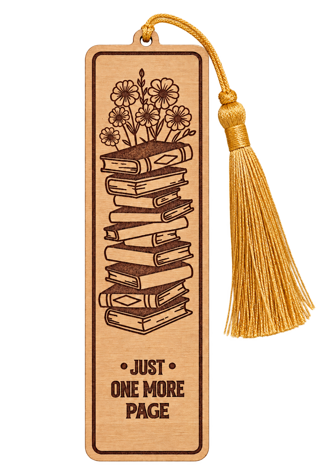 Just One More Page wooden bookmark with a golden tassel